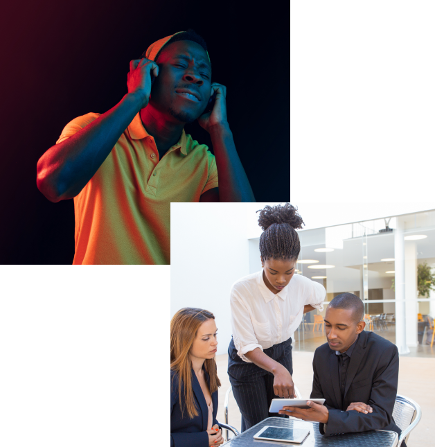 black man engaged in passionate vocal performance and black woman leading business meeting
